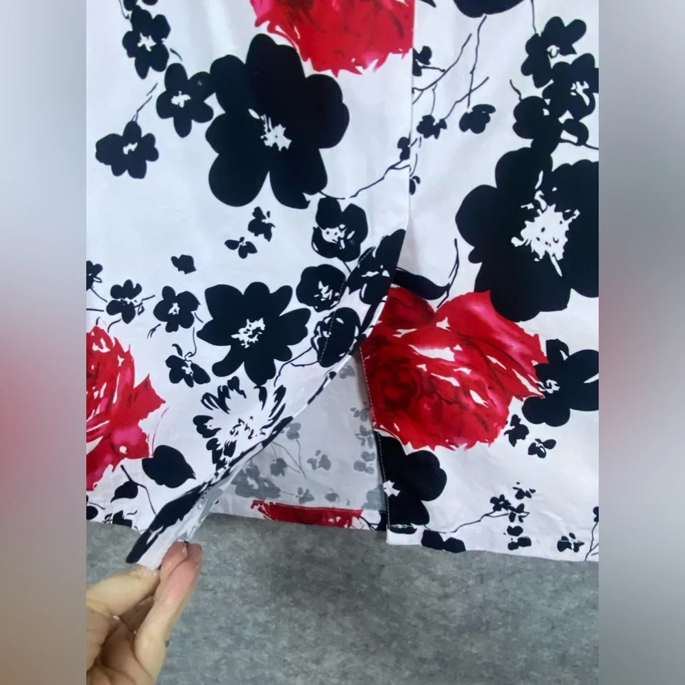 Grace Karin Pencil Skirt‎ Size Large Red Black White Floral Rose Ruffle Detail
